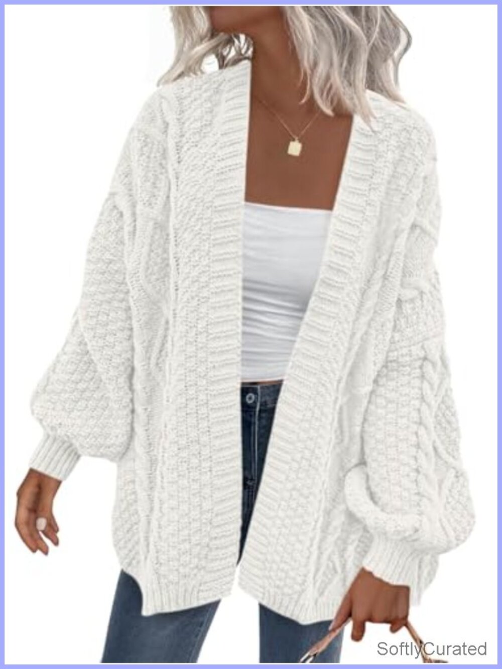 Cable Knit Open Front Cardigan Lantern Sleeve Chunky Knit Sweater
